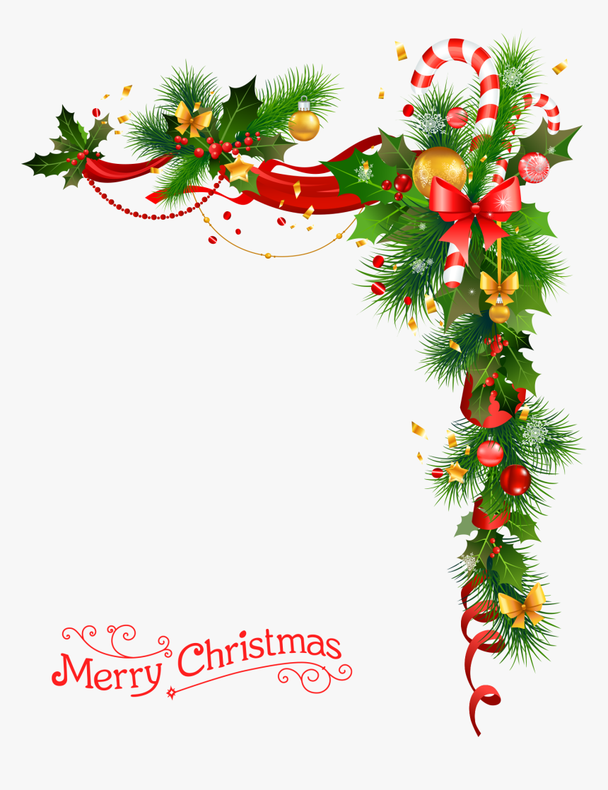 Festive Christmas corner decoration with holly, pine, red ribbons, candy canes, ornaments, and "Merry Christmas" script.