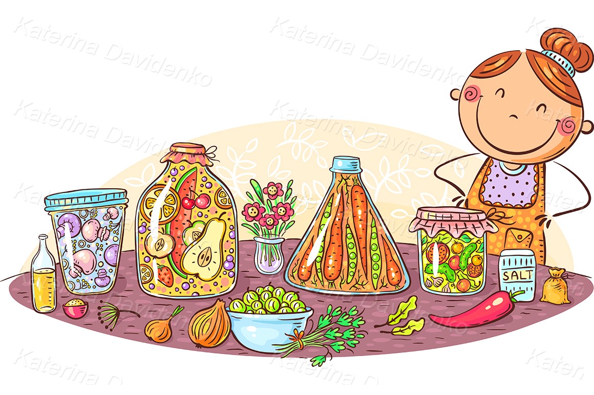 A cheerful cartoon woman in an apron stands beside jars of colorful pickled vegetables, fresh produce, herbs, and salt-celebrating home canning.