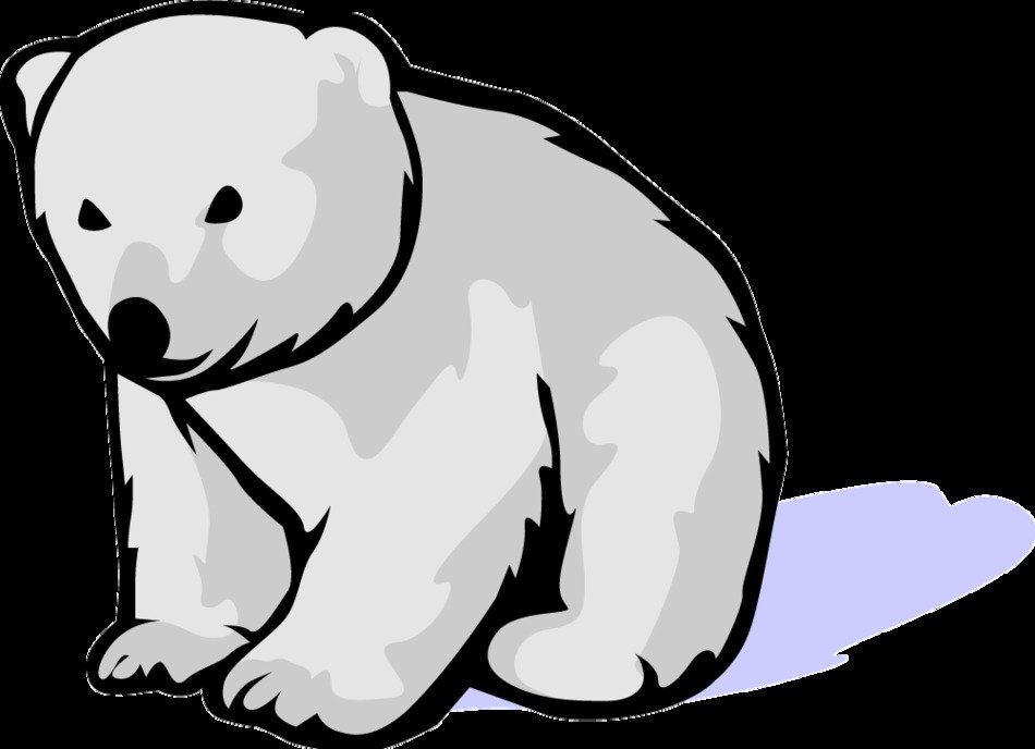Stylized cartoon polar bear sitting on ice, grayscale with black outlines and light blue shadow.