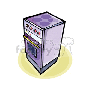 Purple cartoon-style electric oven with stovetop, control knobs, and yellow handle on a yellow circular base.