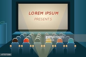 Audience watching a presentation on a large screen with "LOREM IPSUM PRESENTS" displayed.