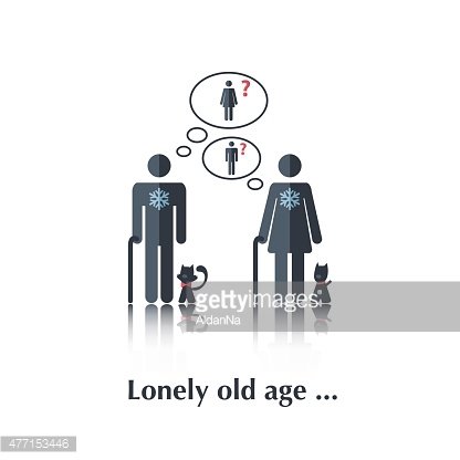 Two elderly figures with canes and cats, each thinking about missing companionship, illustrating loneliness in old age.