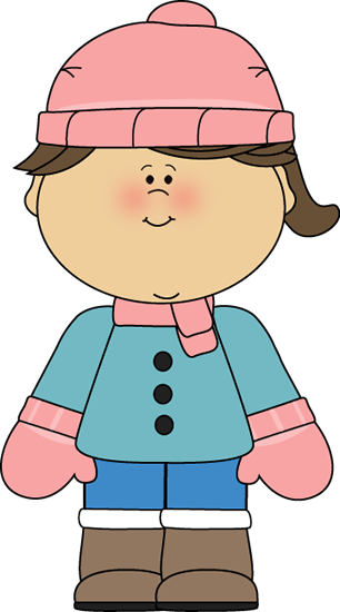 Cartoon girl in winter outfit: pink hat, scarf, blue coat, mittens, and boots.