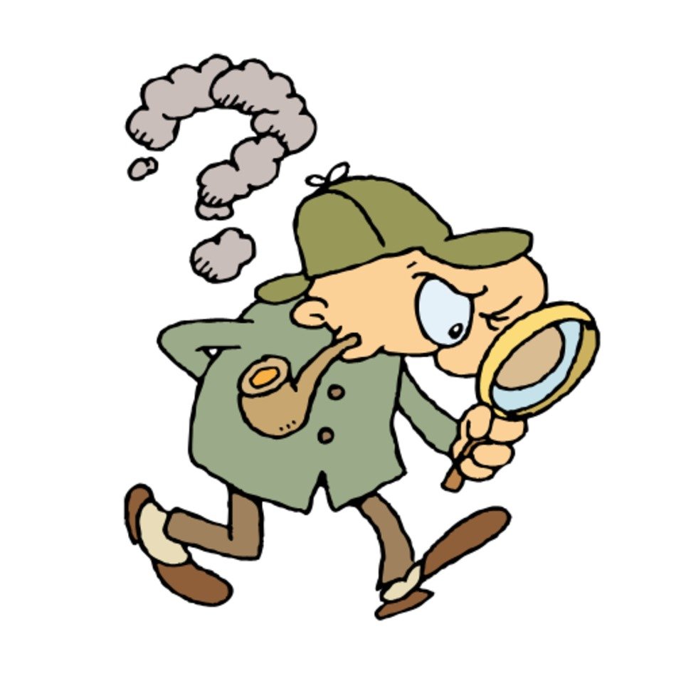 Cartoon detective in green coat and deerstalker hat, holding magnifying glass and smoking pipe, with question mark smoke above head.