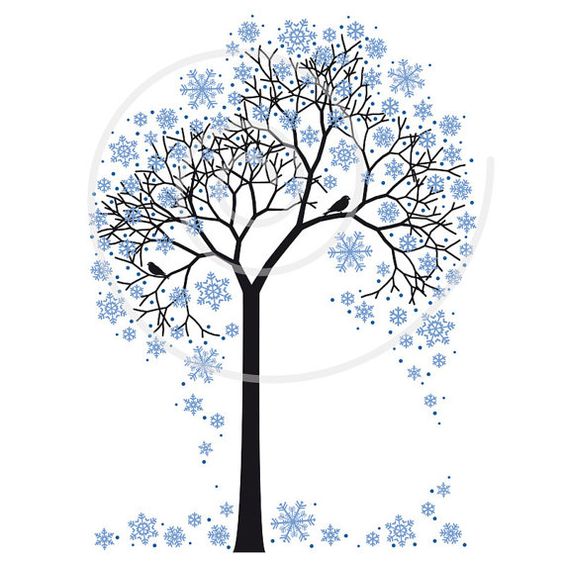 Black silhouette winter tree with blue snowflakes and two birds perched on branches.