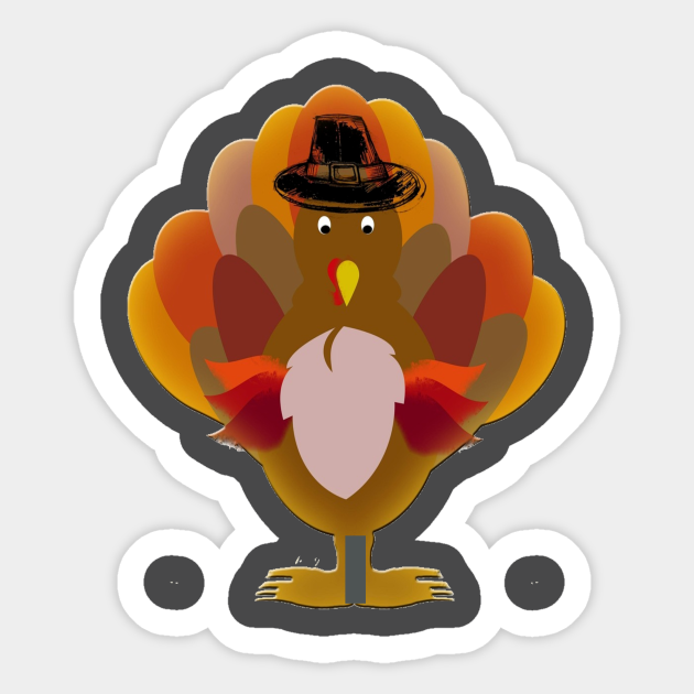 Cartoon turkey wearing a pilgrim hat with colorful feather fan and festive pose.