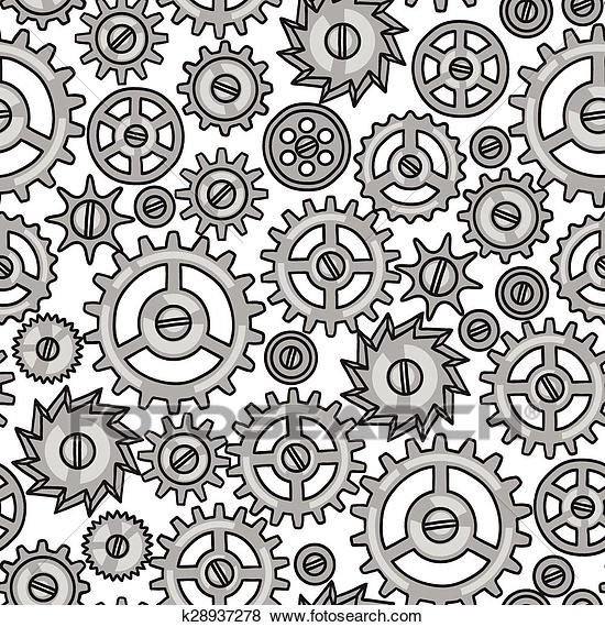Monochrome seamless pattern of interlocking gears and mechanical cogs in varying sizes and styles.