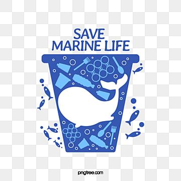 Blue trash bin with whale silhouette and marine debris, promoting "Save Marine Life" awareness.