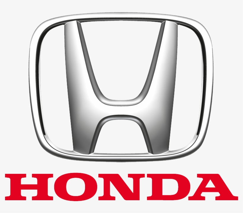 Honda logo featuring a metallic silver 'H' emblem inside a rounded rectangle, with red "HONDA" text below.