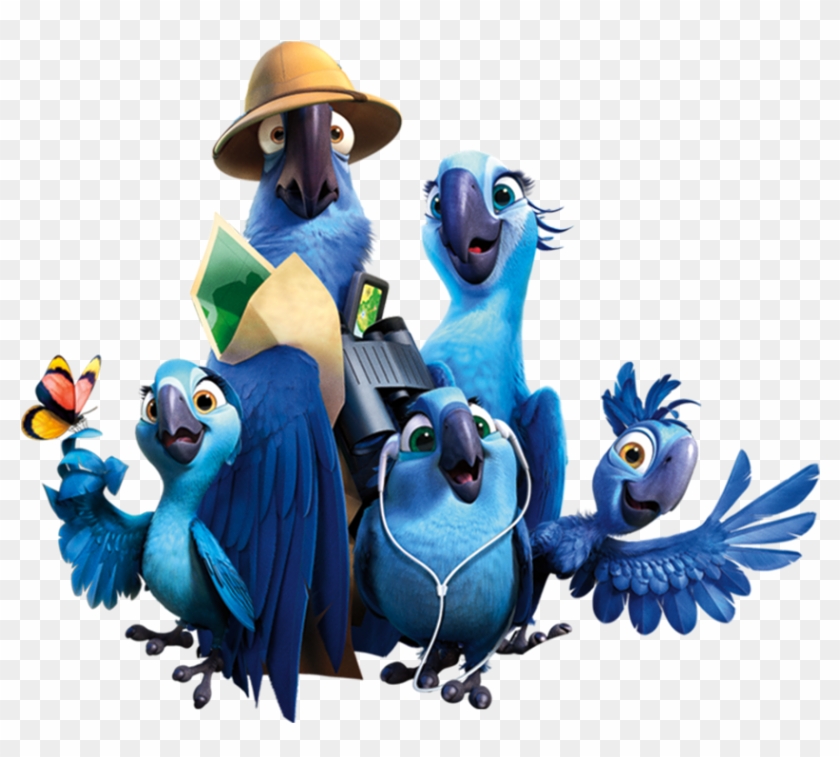 A group of five animated blue macaws from the movie Rio, including Blu, Jewel, and their chicks, posing with accessories like a hat, binoculars, and headphones.