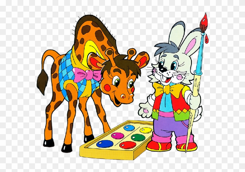 A cheerful cartoon giraffe in a blue vest and pink bow stands beside a rabbit artist holding a paintbrush, both looking at a colorful paint palette.