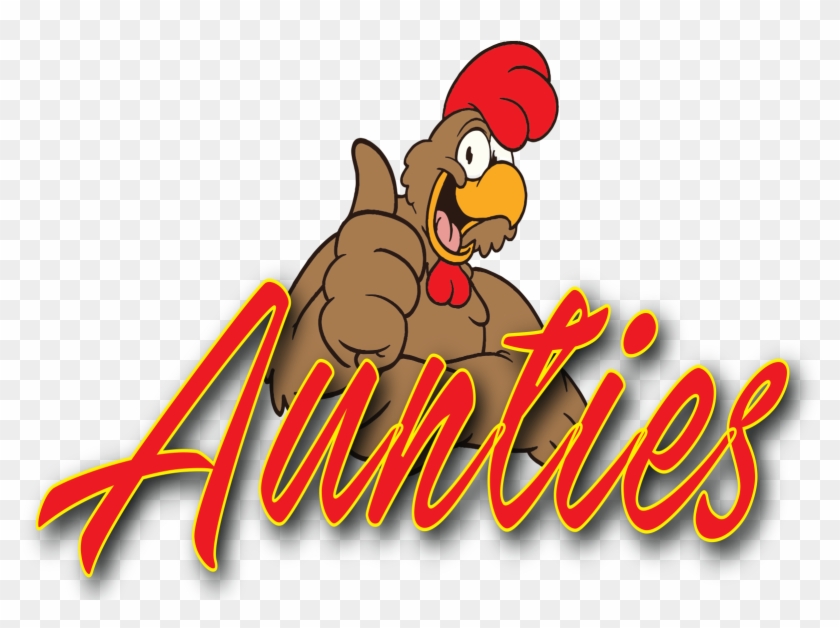Cartoon rooster giving a thumbs-up behind stylized red "Aunties" text logo.