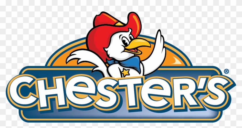 Chester’s logo featuring a cartoon chicken in a red cowboy hat and blue bandana, waving above the brand name.