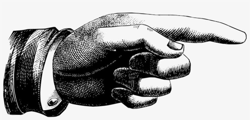 Vintage black-and-white line drawing of a formal hand in a cuff pointing right with index finger extended.