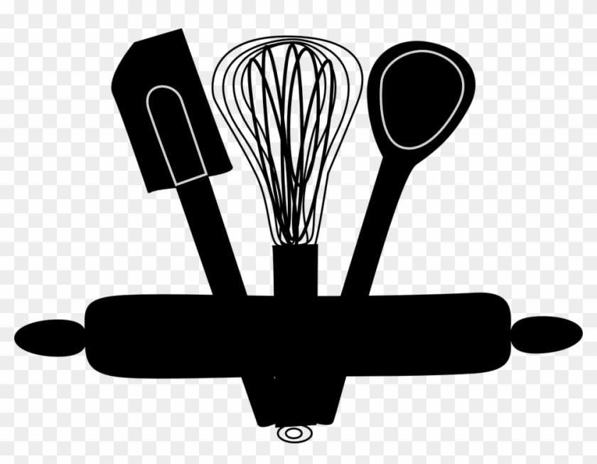 Black silhouette of kitchen tools including a spatula, whisk, spoon, and rolling pin on transparent background.