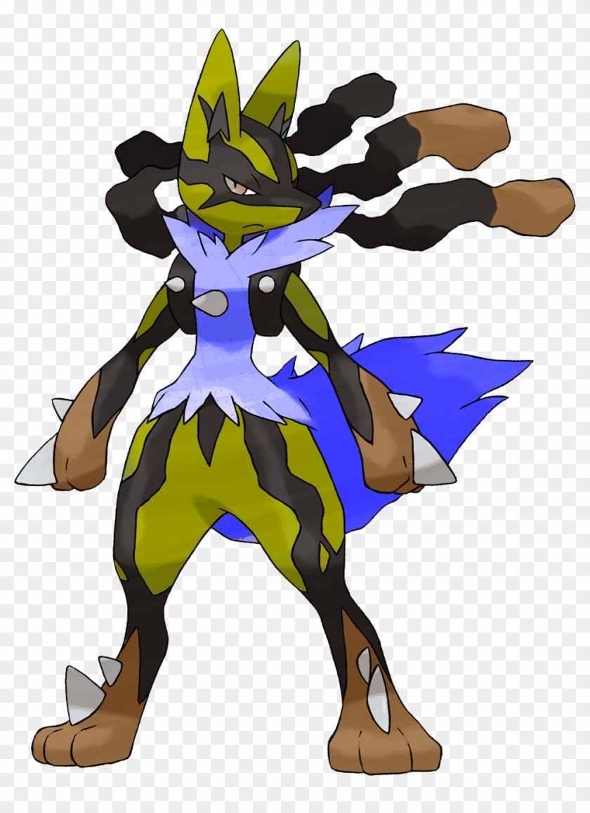 Mega Lucario, a powerful Pokémon with green and black fur, blue aura, and sharp claws, posed dynamically against a transparent background.