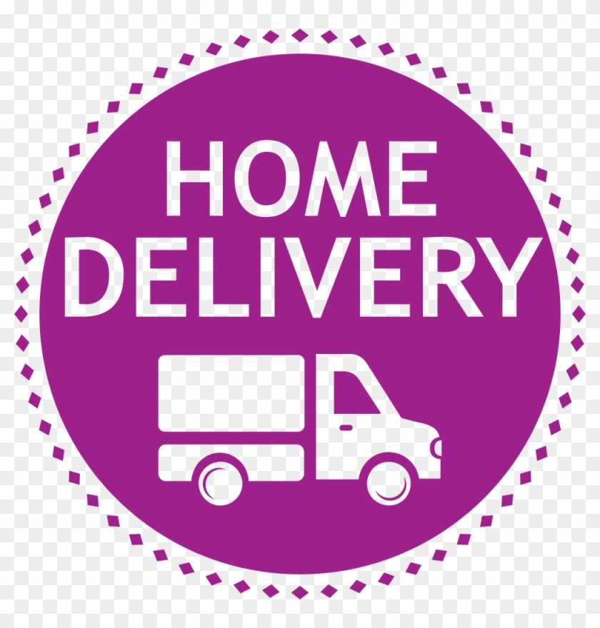 Purple circular icon with "HOME DELIVERY" text and a white delivery van silhouette.
