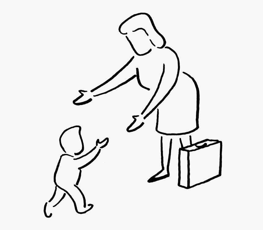 A woman with a briefcase bends down to greet a small child reaching up toward her, symbolizing work-life balance or parental care.