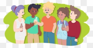 Diverse group of five young adults holding drinks, smiling and chatting in a friendly outdoor setting.