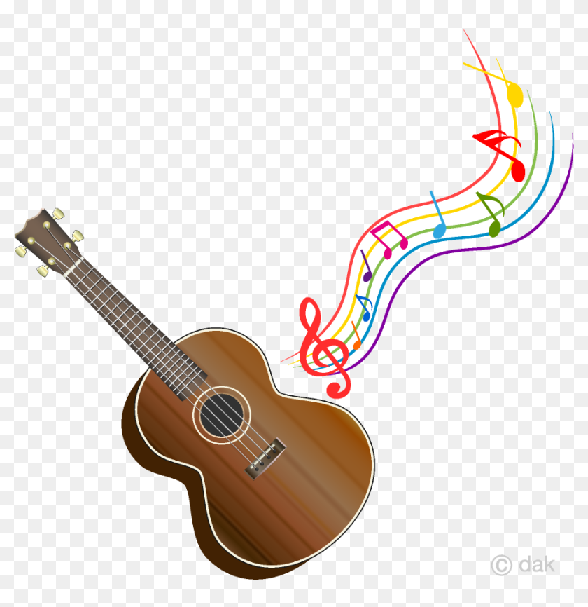 Acoustic guitar with colorful musical notes flowing from its soundhole, symbolizing joyful music creation.