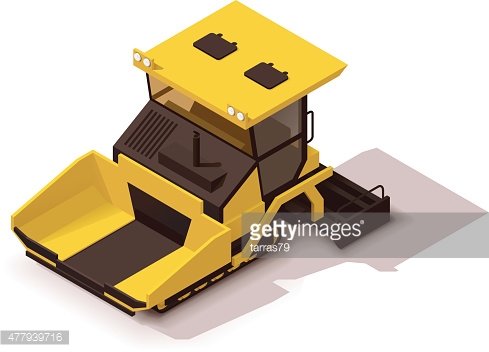 Isometric illustration of a yellow road grader with front blade and cab, on white background.