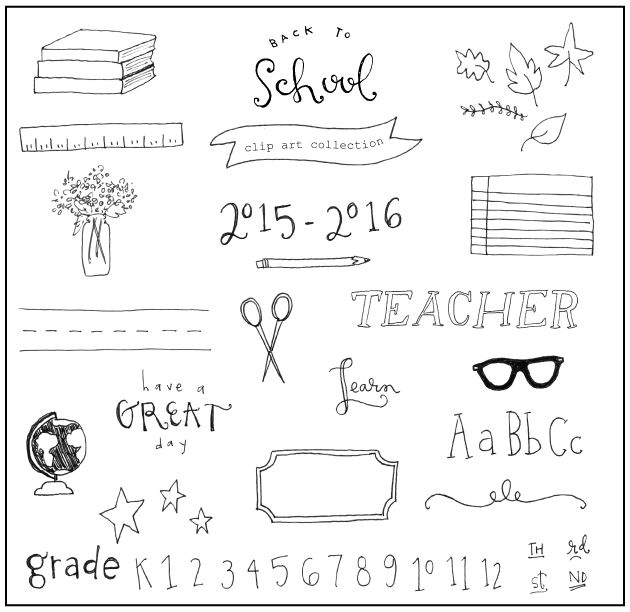Hand-drawn "Back to School" clip art collection featuring books, ruler, flowers, scissors, glasses, letters, numbers, and teacher-themed elements.