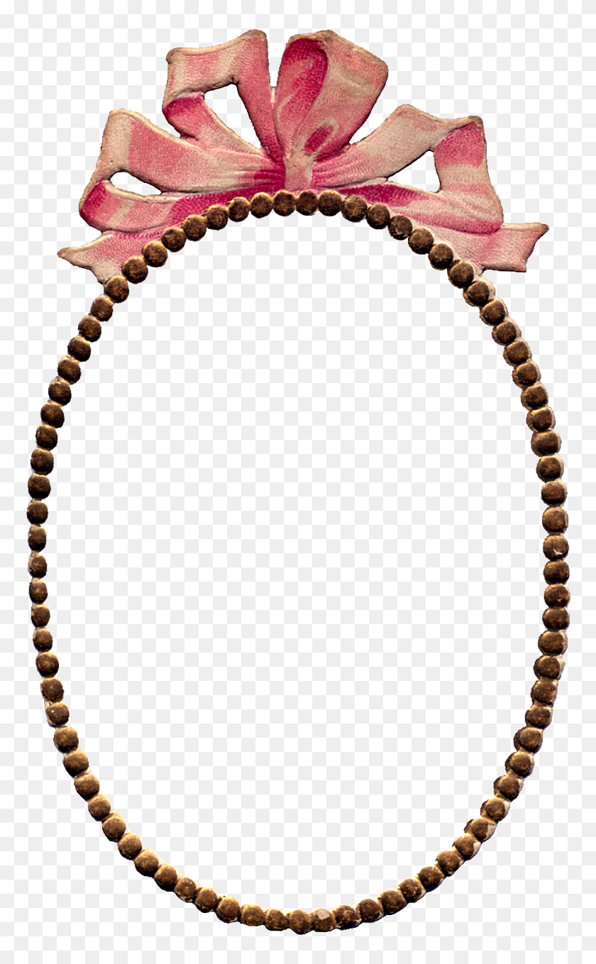 Vintage Beaded Oval Frame with Pink Ribbon Bow - Decorative Clipart