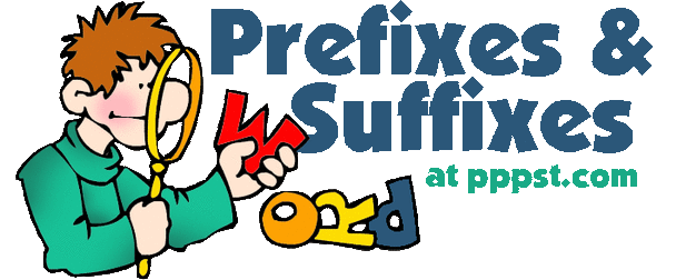 Cartoon boy with magnifying glass examining colorful prefix and suffix letters.