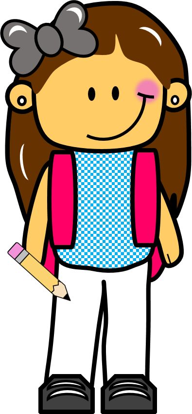 Smiling cartoon girl with brown hair, gray bow, pink backpack, holding pencil, ready for school.