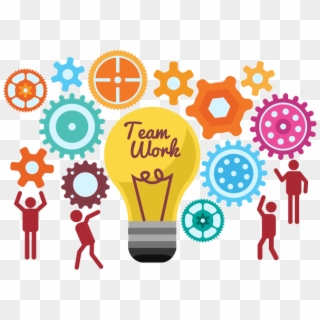Lightbulb labeled "Team Work" surrounded by colorful gears and stylized people celebrating collaboration.