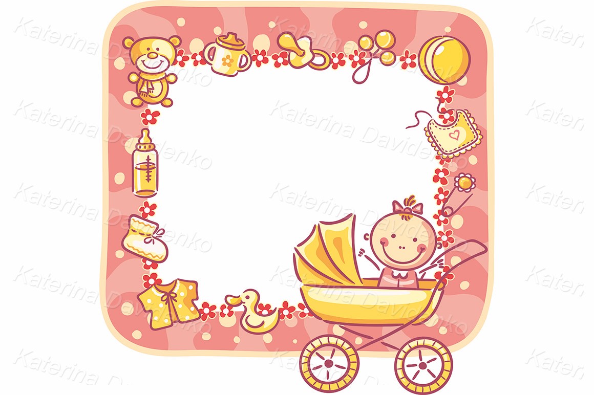 Cute baby girl in yellow stroller surrounded by toys, bottles, and flowers in a pink decorative frame.