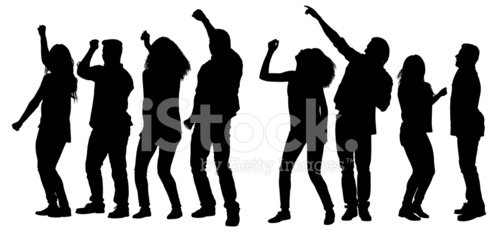 Silhouette of diverse group of people dancing energetically against white background.