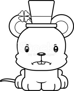 Cute cartoon mouse wearing a top hat with a shamrock, sitting upright with a neutral expression.
