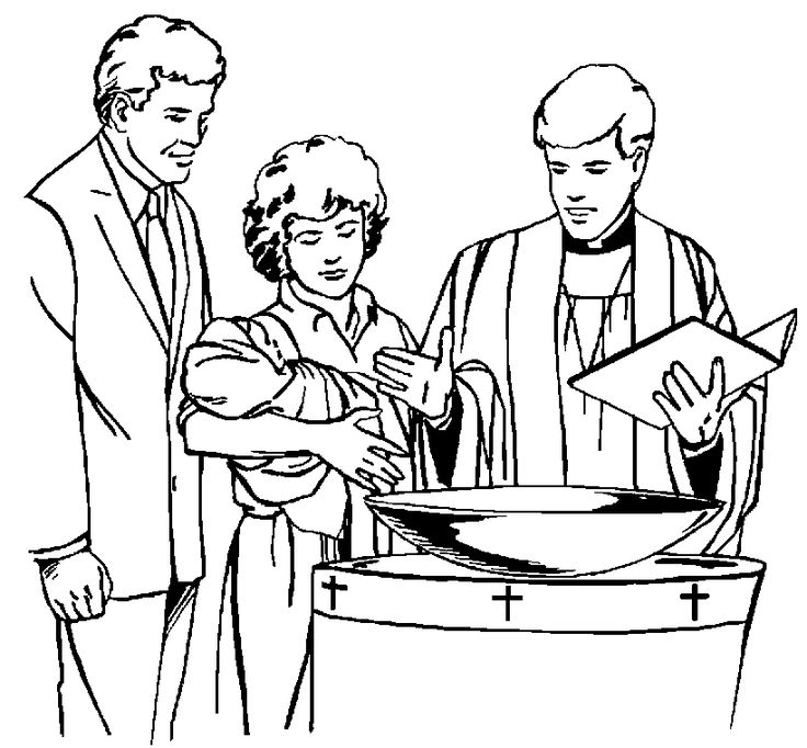A priest baptizes a baby held by parents at a baptismal font with crosses, in a black-and-white line drawing.