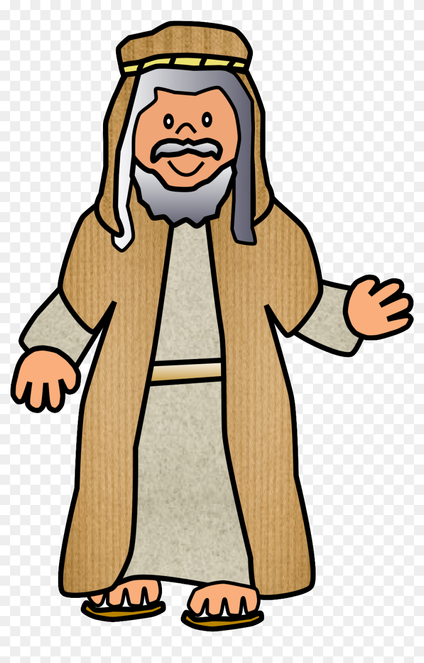 Cartoon illustration of a bearded man in ancient Middle Eastern robes and head covering, gesturing warmly.