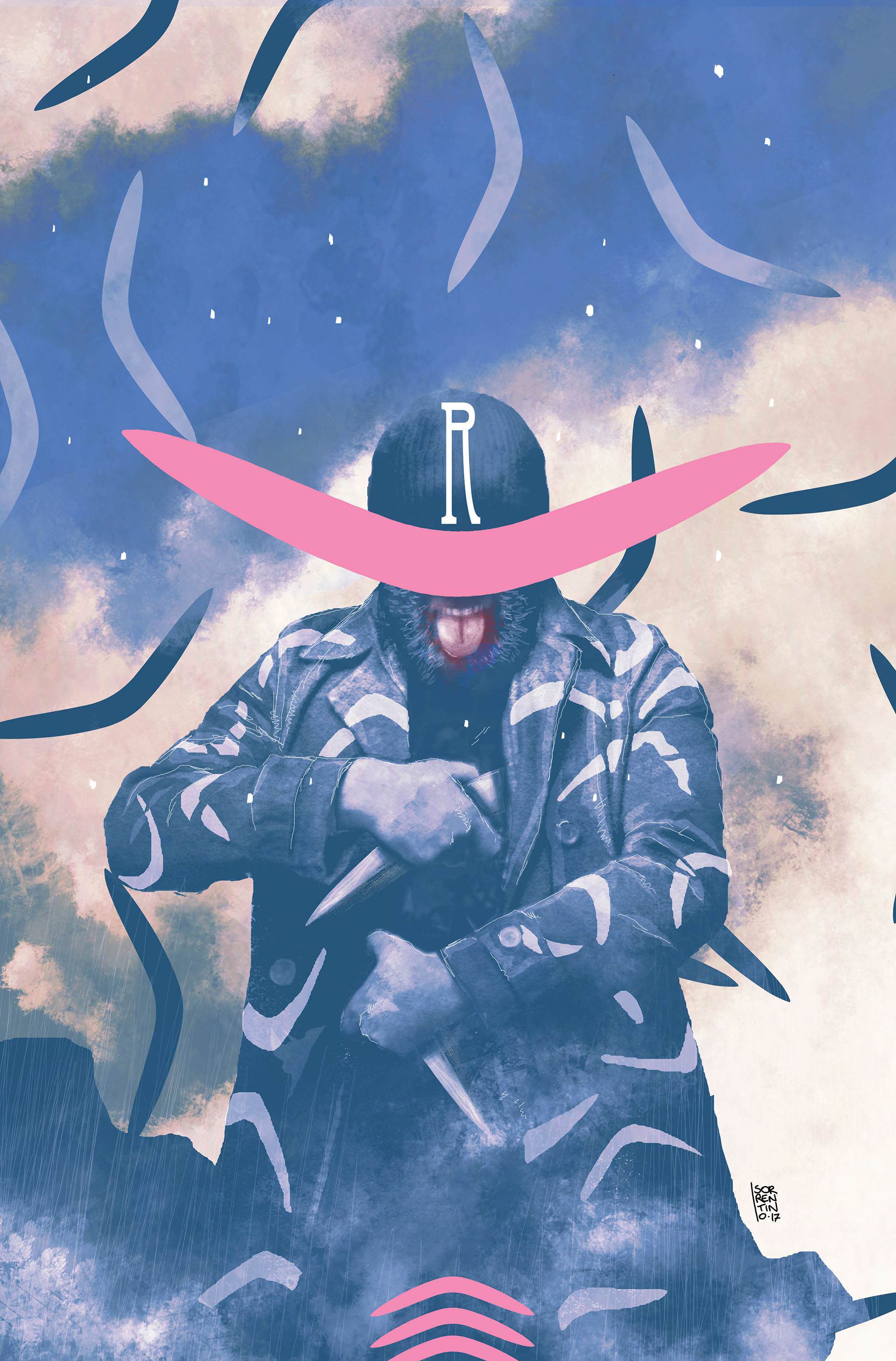 A hooded figure with a bold 'R' on their cap, surrounded by flying boomerangs in a stormy blue sky.