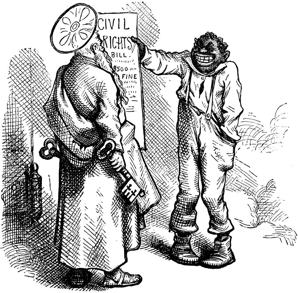A racist 19th-century political cartoon showing a Black man pointing to a "Civil Rights Bill" with "$500 FINE" while a caricatured figure holds keys and a cross.