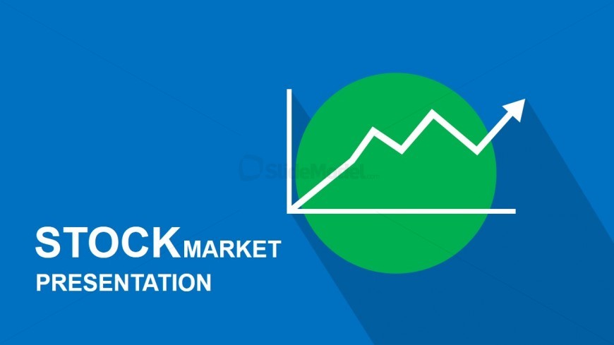 Blue background with "STOCK MARKET PRESENTATION" text and a green circle containing a white upward-trending line graph with arrow.