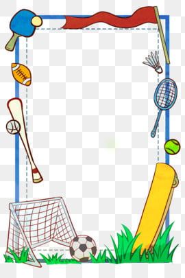 Colorful sports-themed decorative border featuring soccer, baseball, tennis, badminton, table tennis, and American football items.