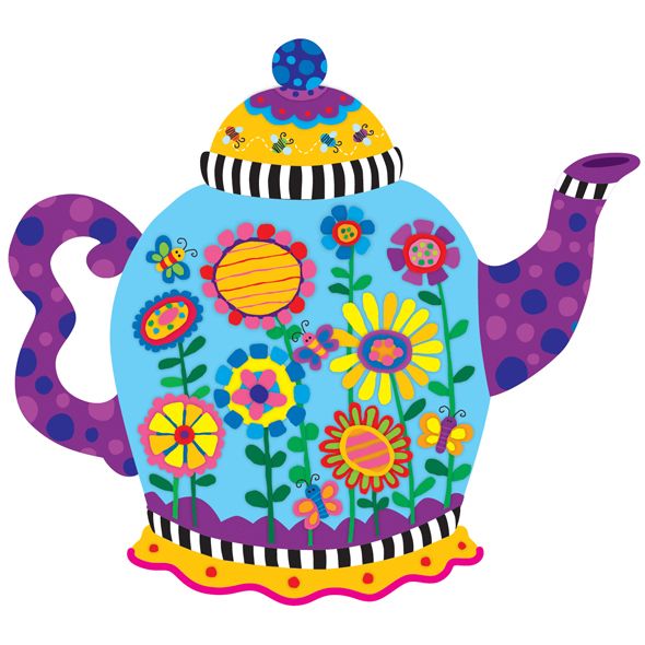Colorful whimsical teapot with floral patterns, polka dots, stripes, and butterflies on a white background.