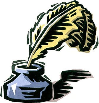 A stylized illustration of a yellow quill pen dipped in a blue inkwell, with bold black outlines and graphic shading.