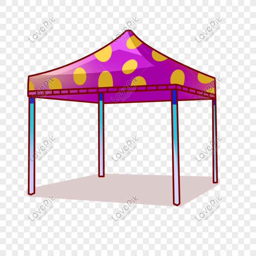 Colorful pop-up canopy tent with purple fabric and yellow polka dots, supported by four poles on a transparent background.