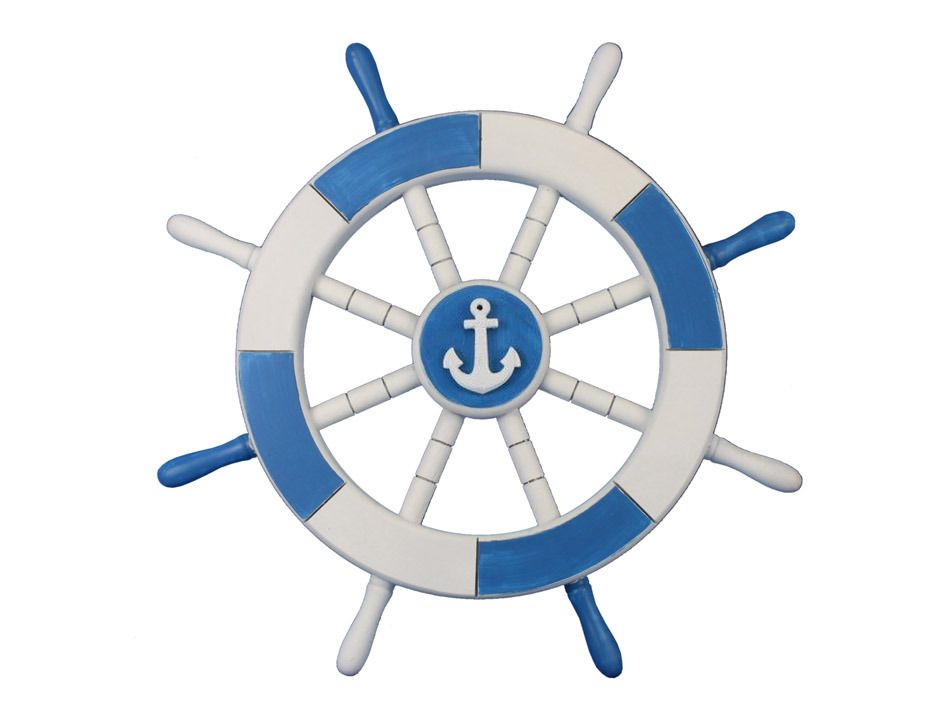 Decorative blue and white ship’s wheel with anchor emblem, nautical wall decor.