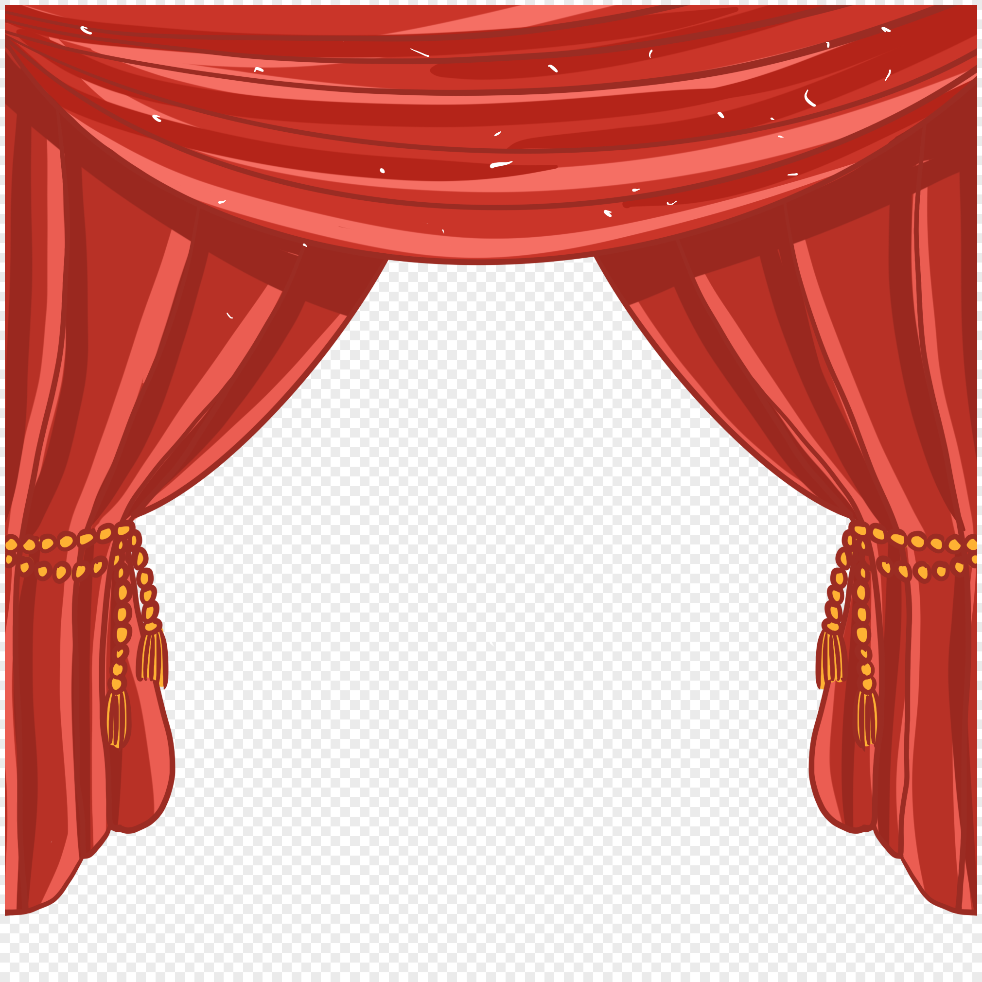Red stage curtain with golden tassels parted to reveal a transparent background, ideal for theatrical or presentation designs.