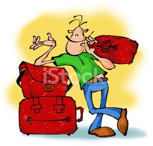 Cartoon man struggling with oversized red luggage, arms full and overwhelmed.