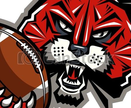 Fierce red tiger mascot gripping a football with sharp teeth and intense eyes in bold comic-style illustration.
