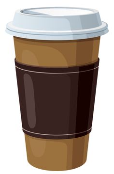 Disposable paper coffee cup with brown sleeve and white lid, filled with coffee.