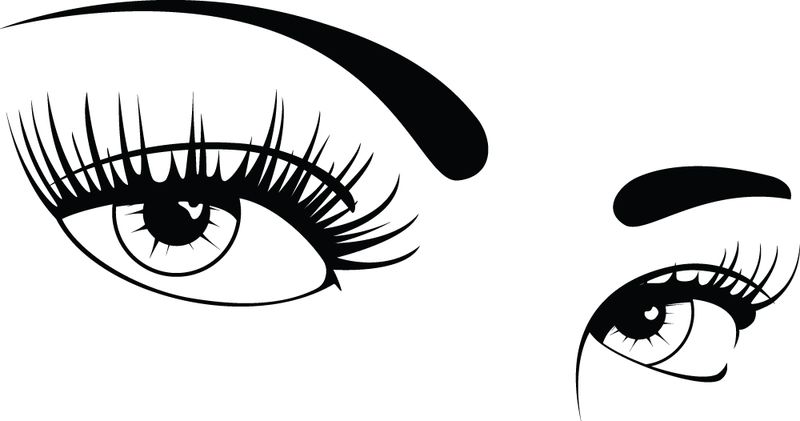 Black-and-white stylized illustration of two expressive female eyes with long lashes and bold eyebrows.
