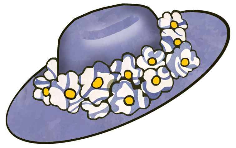 A stylish lavender sun hat adorned with white and blue striped flowers and yellow centers.
