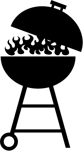 Black silhouette of a kettle-style charcoal grill with open lid and flames, on tripod stand with wheel.